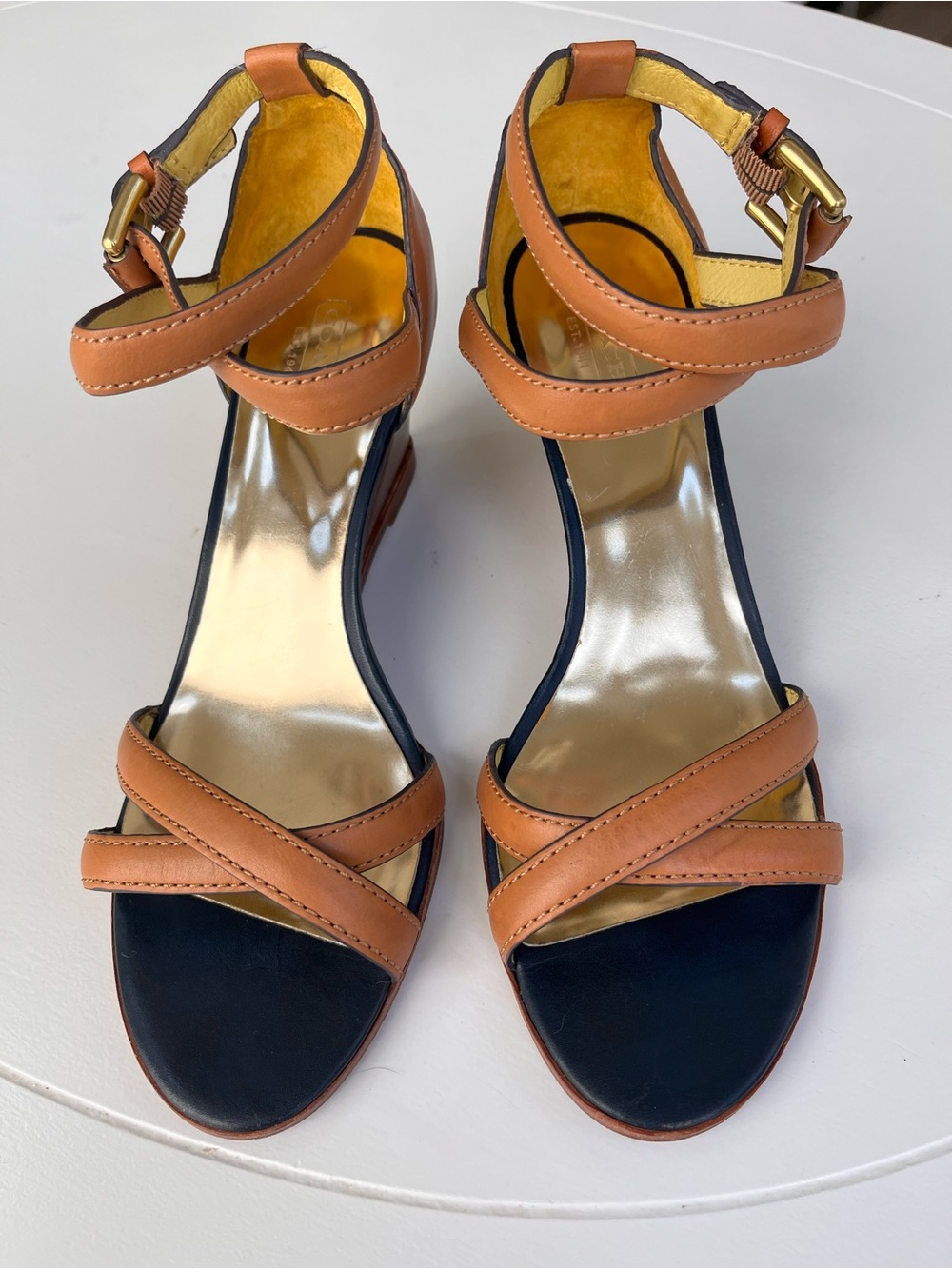 Coach Two-Tone Leather Ankle-Strap Heels in Tan Neutral